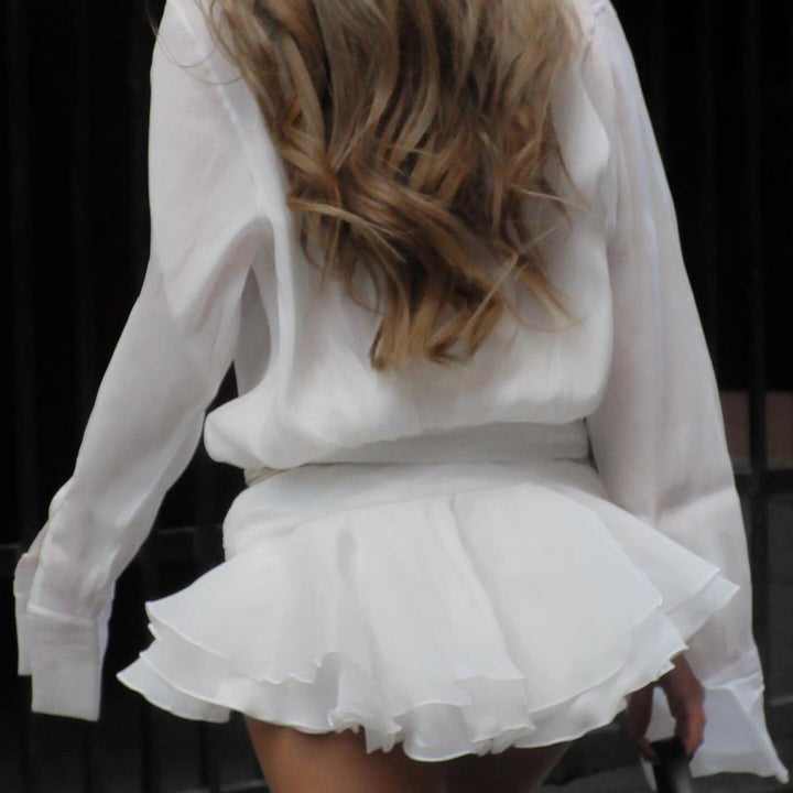 Women’s V-neck Pleated Shirt Mini Dress with Ruffle Hem