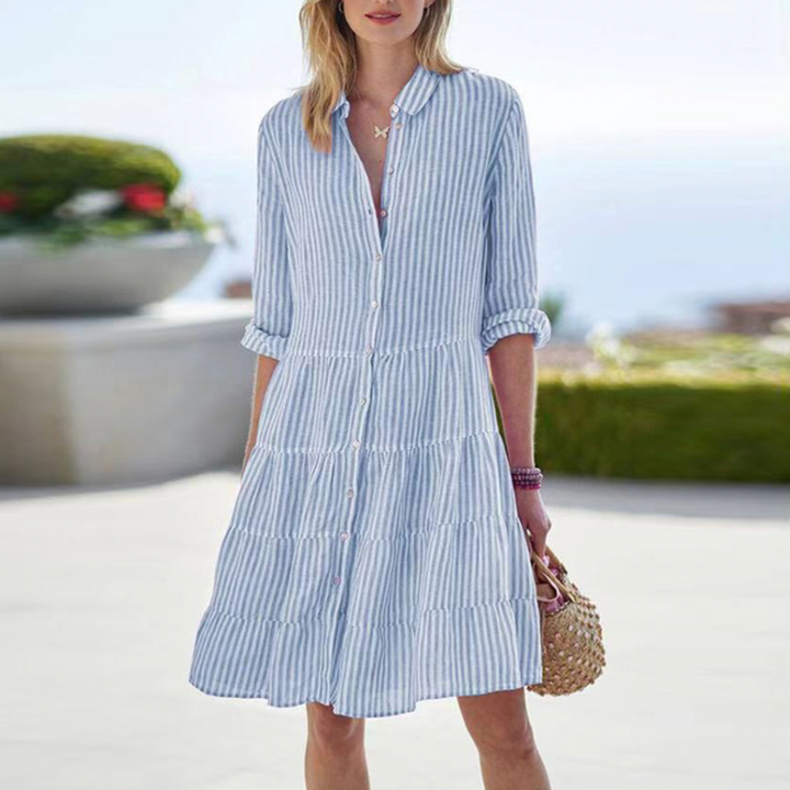 Women’s Mini Stripe Shirt Dress with Short Sleeves