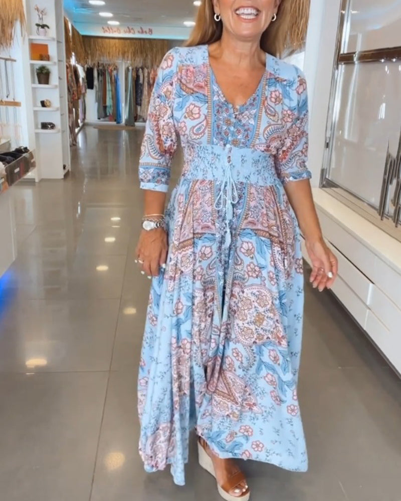 Women’s V-Neck Printed Dress With Adjustable Waist