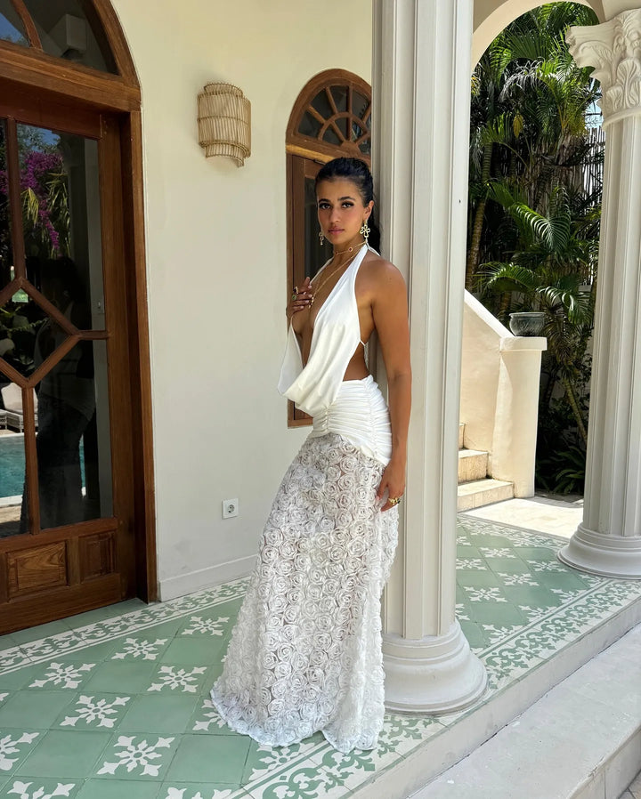 Women’s Halter Cowl-Front Floral Maxi Dress with Open Back