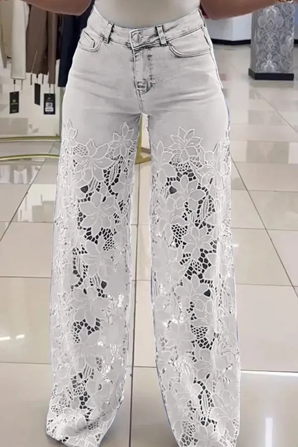 Women’s Floral Lace High Waist Pants with Wide-Leg