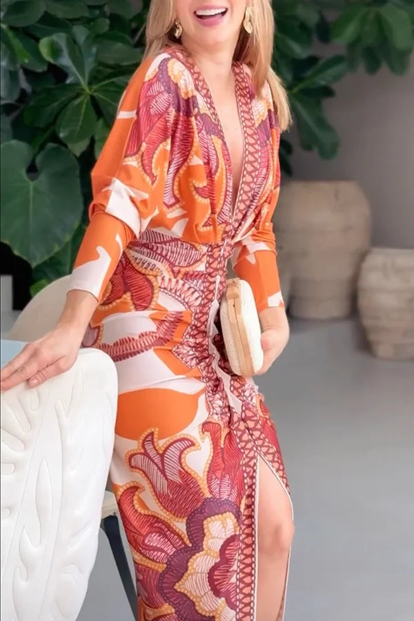 Women’s V-Neck Printed Ruched Midi Dress with Split
