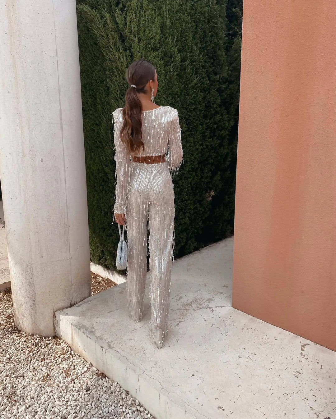 Women’s Sequin Fringe Two Piece Set with Wide Leg Trousers