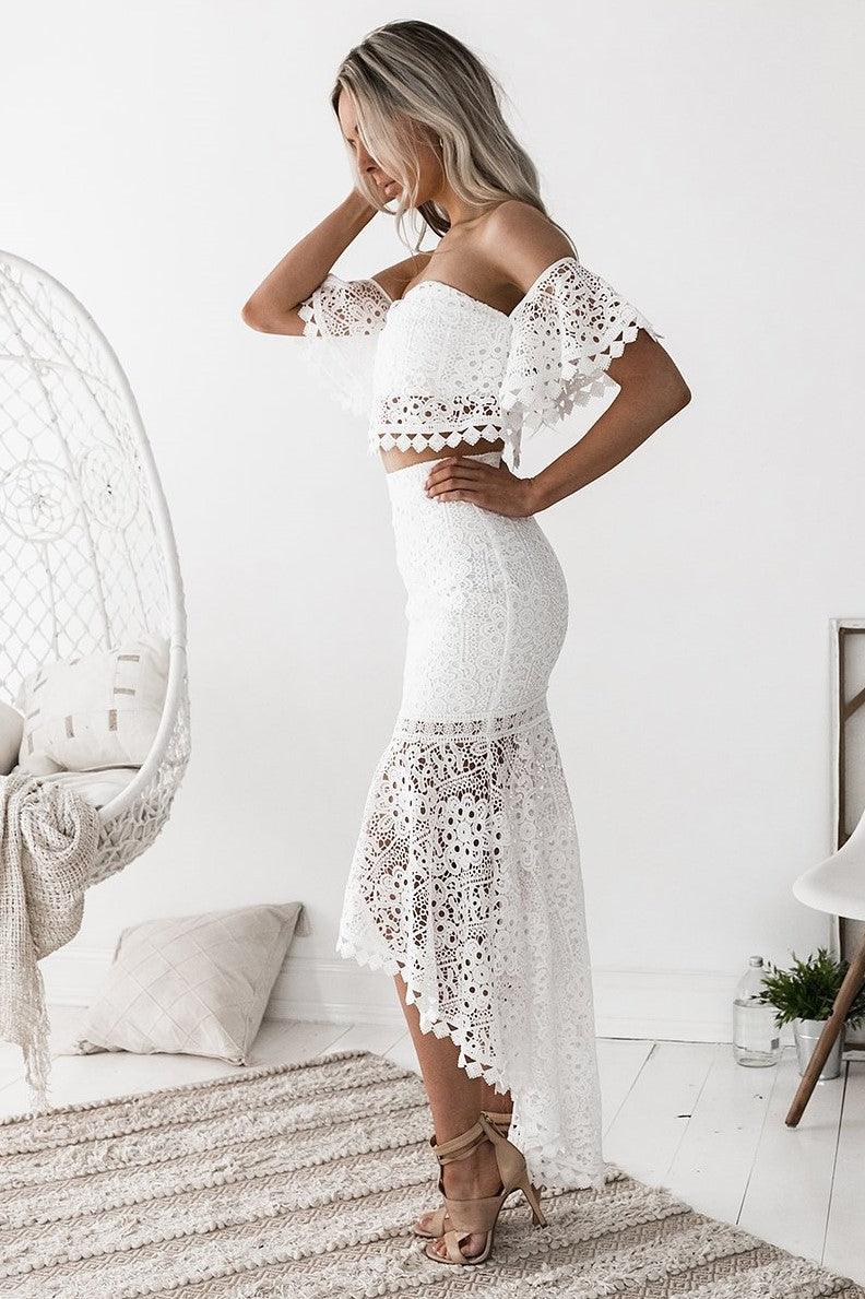 Women’s Off-Shoulder Lace Two Piece Set with Midi Skirt