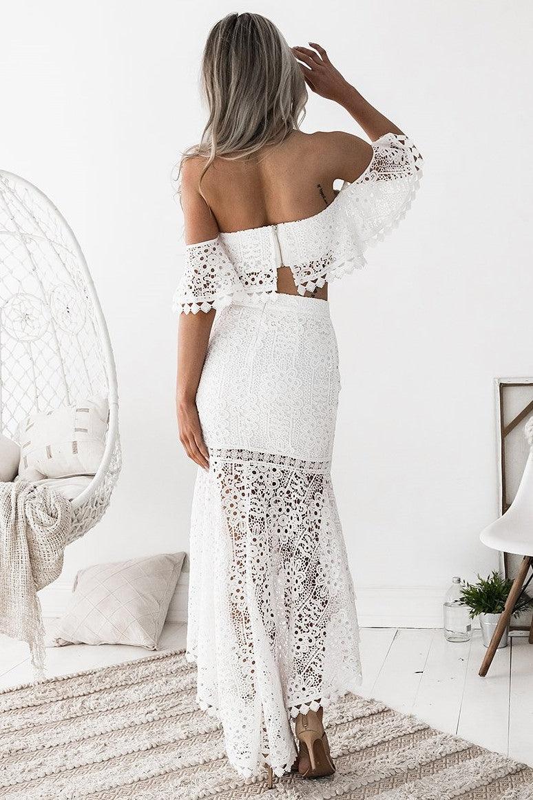 Women’s Off-Shoulder Lace Two Piece Set with Midi Skirt