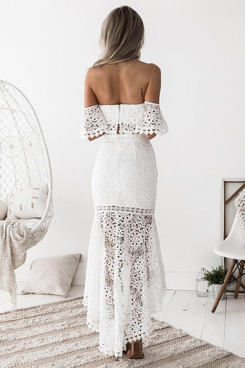 Women’s Off-Shoulder Lace Two Piece Set with Midi Skirt