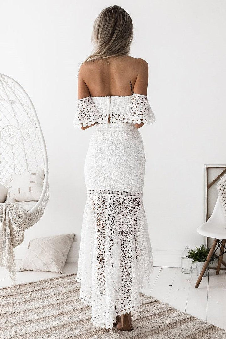 Women’s Off-Shoulder Lace Two Piece Set with Midi Skirt