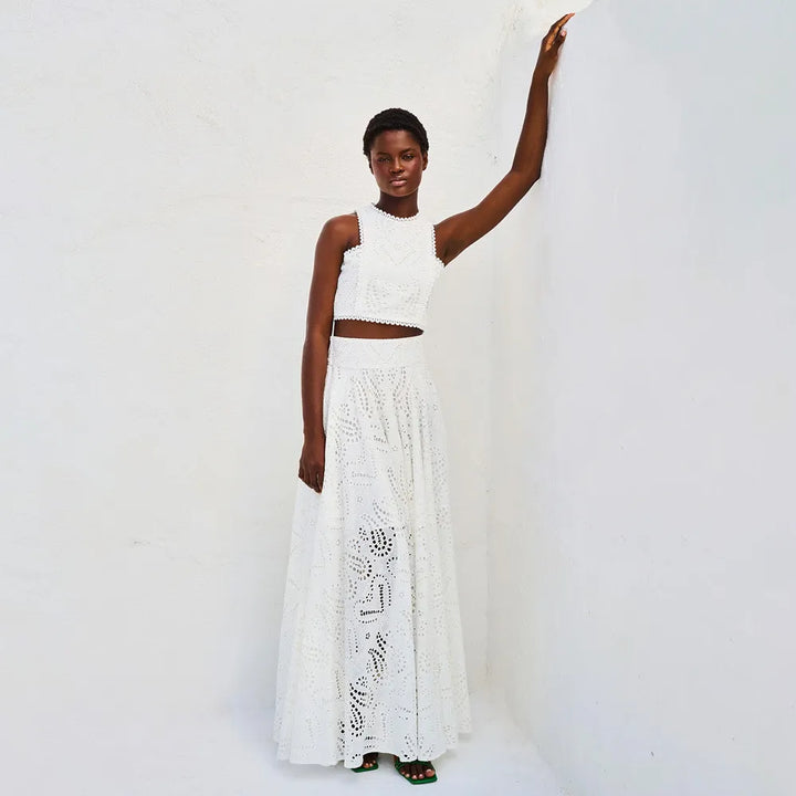 Women’s Embroidered High-Neck Crop Top Two Piece Set with A-Line Maxi Skirt