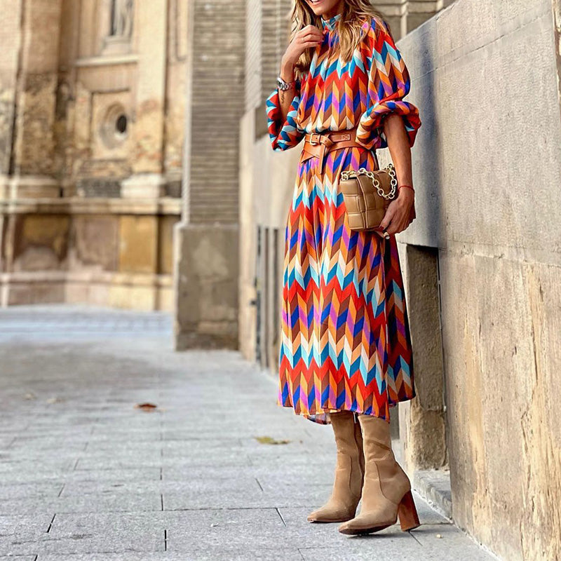 Women’s Printed Midi Dress with Waist Tie