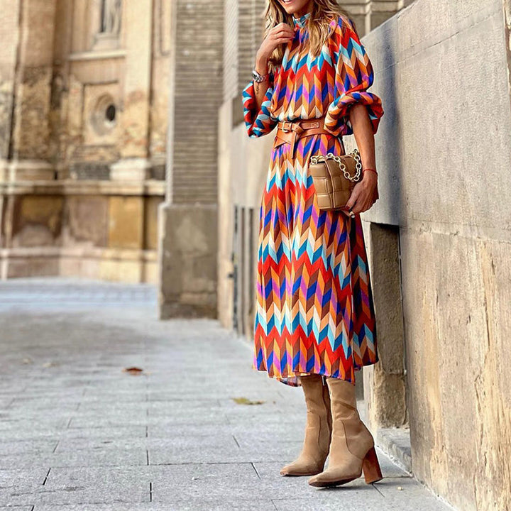 Women’s Printed Midi Dress with Waist Tie