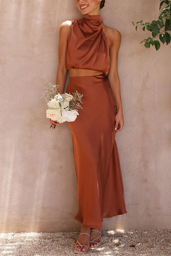 Women’s Satin Draped Halter Top Two-Piece Set with Maxi Skirt