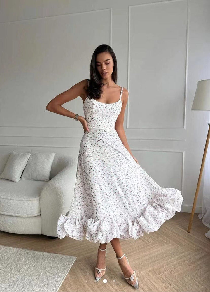 Women’s Ruffle-Hem Midi Dress with Thin Straps