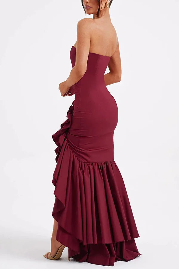 Women’s Strapless Ruffle Corset Maxi Dress with Asymmetrical Hem