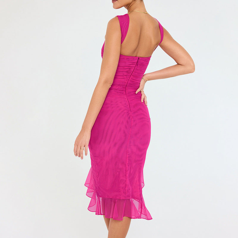 Women’s Ruched Sleeveless Midi Dress with Asymmetric Ruffle Hem