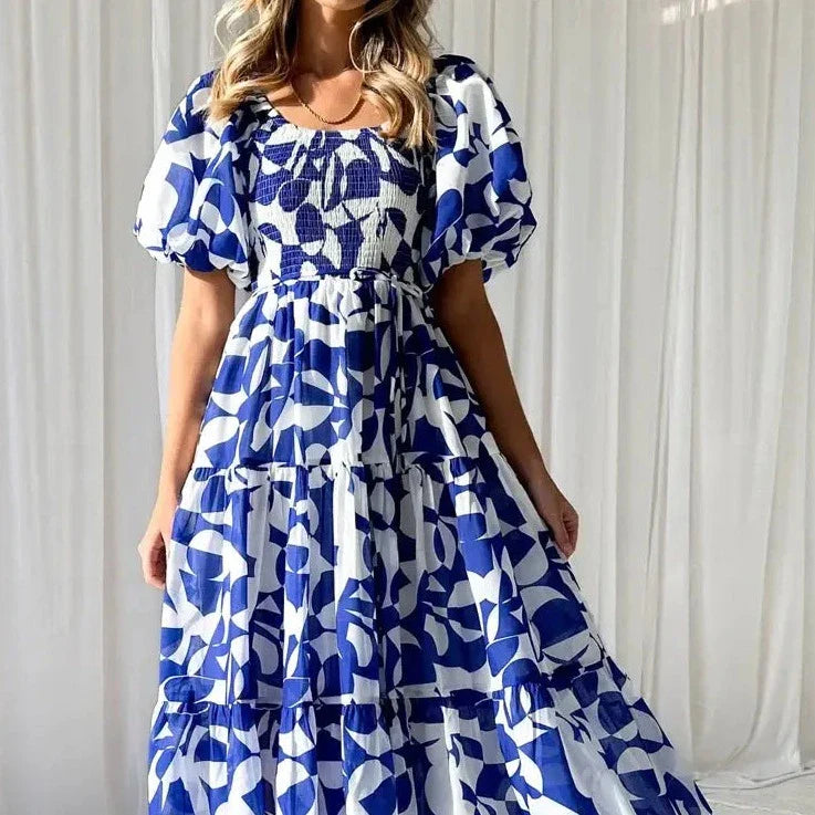 Women’s Abstract Print Puff-Sleeve Maxi Dress