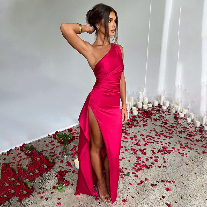 Women’s One-Shoulder Satin Maxi Dress with Side Slit