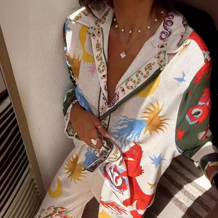 Women’s Linen Printed Two-Piece Set with Pants