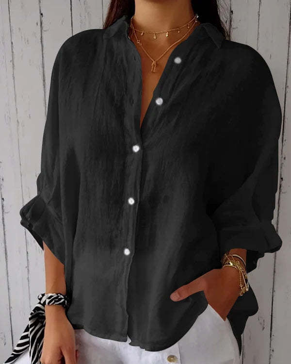Women’s Cotton Linen Button-Front Shirt with Back Tie