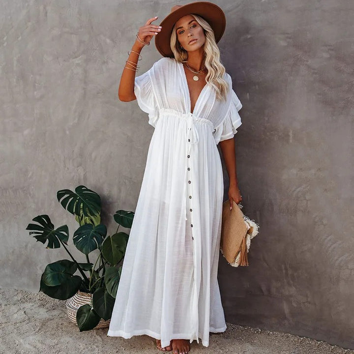 Women’s White Boho Maxi Dress with Button Front