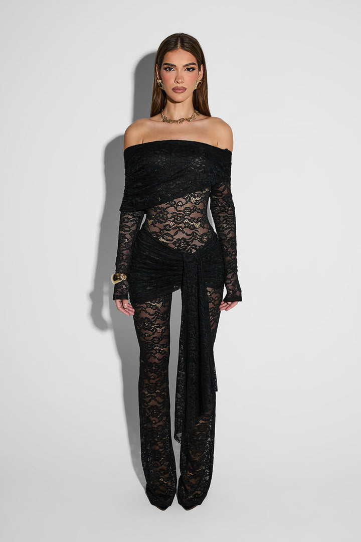 Women’s Off-Shoulder Lace Jumpsuit with Flared Legs