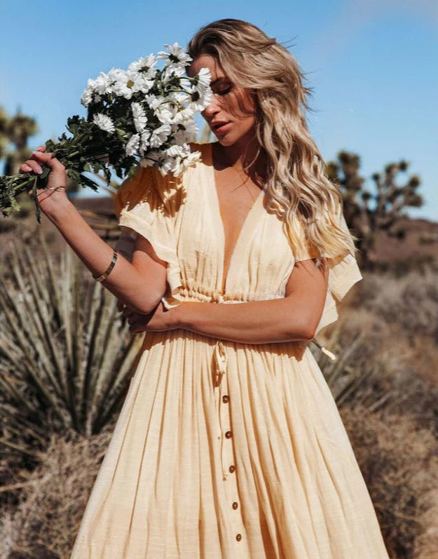 Women’s V-neck Boho Maxi Dress with Tie Waist
