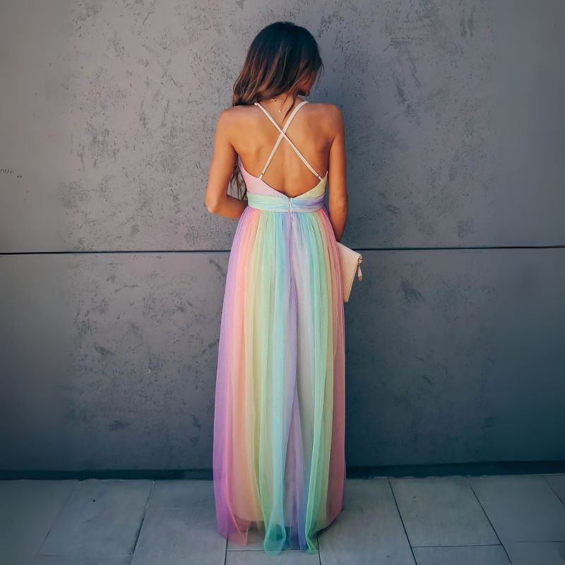 Women’s V-Neck Maxi Dress with Strappy Back — Multicolour
