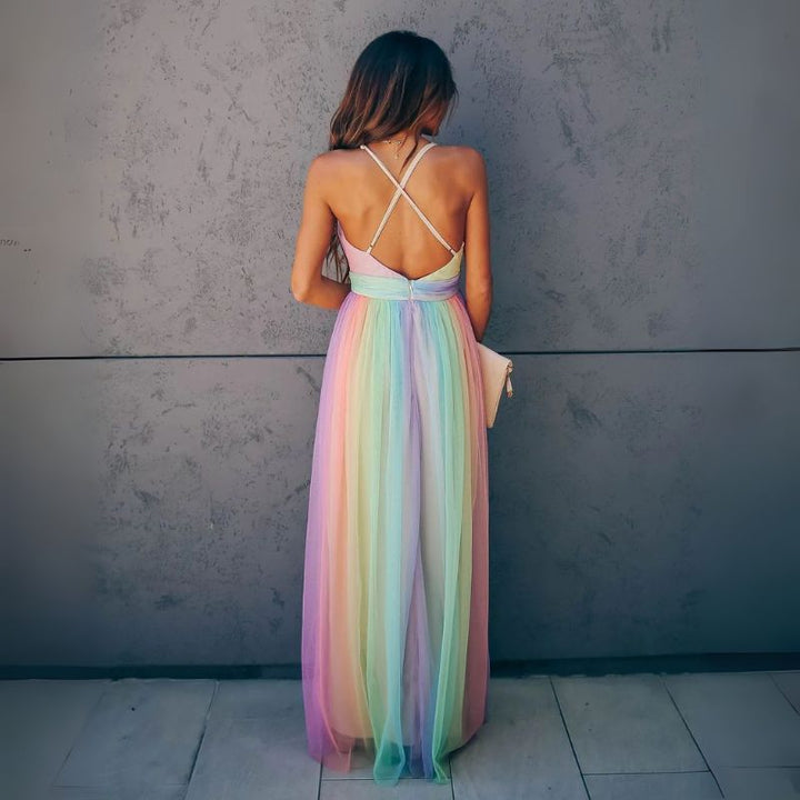 Women’s V-Neck Maxi Dress with Strappy Back — Multicolour