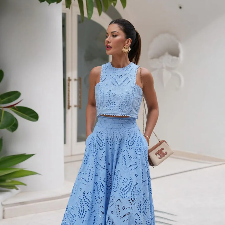 Women’s Embroidered High-Neck Crop Top Two Piece Set with A-Line Maxi Skirt