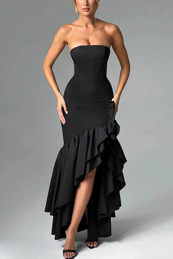 Women’s Strapless Ruffle Corset Maxi Dress with Asymmetrical Hem