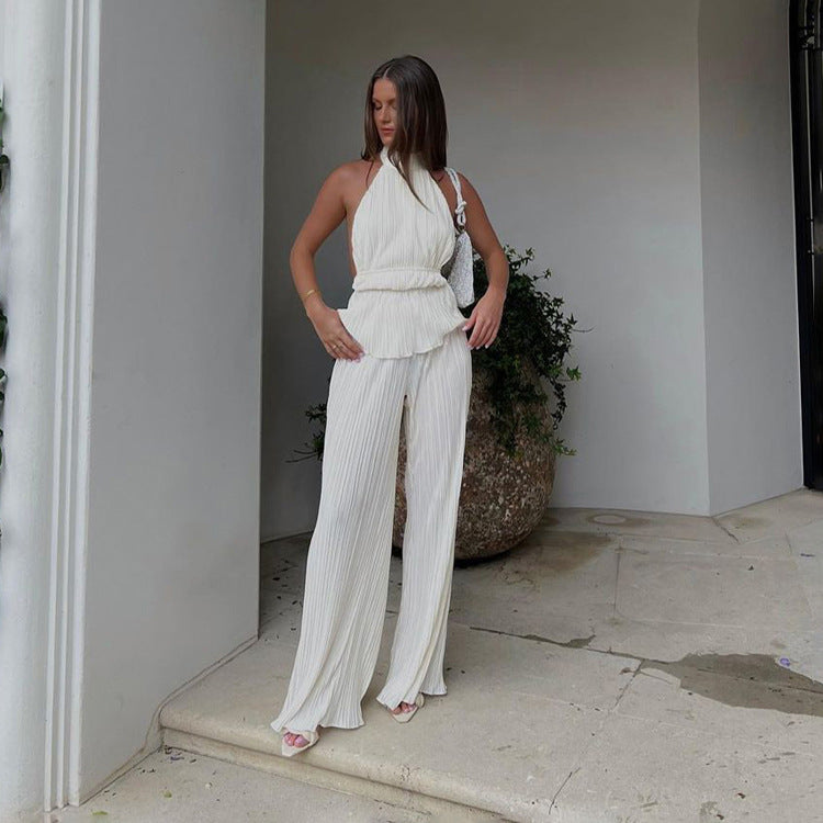 Women’s Pleated Backless Halter Tiered Top Two Piece Set with Wide Leg Summer Pants