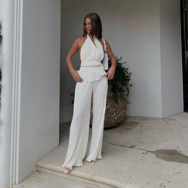 Women’s Pleated Backless Halter Tiered Top Two Piece Set with Wide Leg Summer Pants