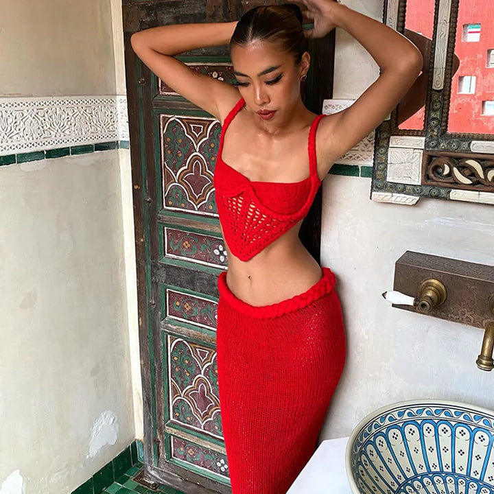 Women’s Crochet Two Piece Set with Braided Straps and Maxi Skirt