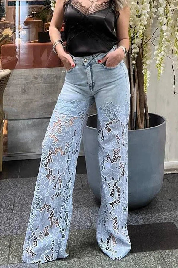 Women’s Floral Lace High Waist Pants with Wide-Leg