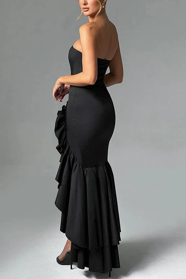 Women’s Strapless Ruffle Corset Maxi Dress with Asymmetrical Hem