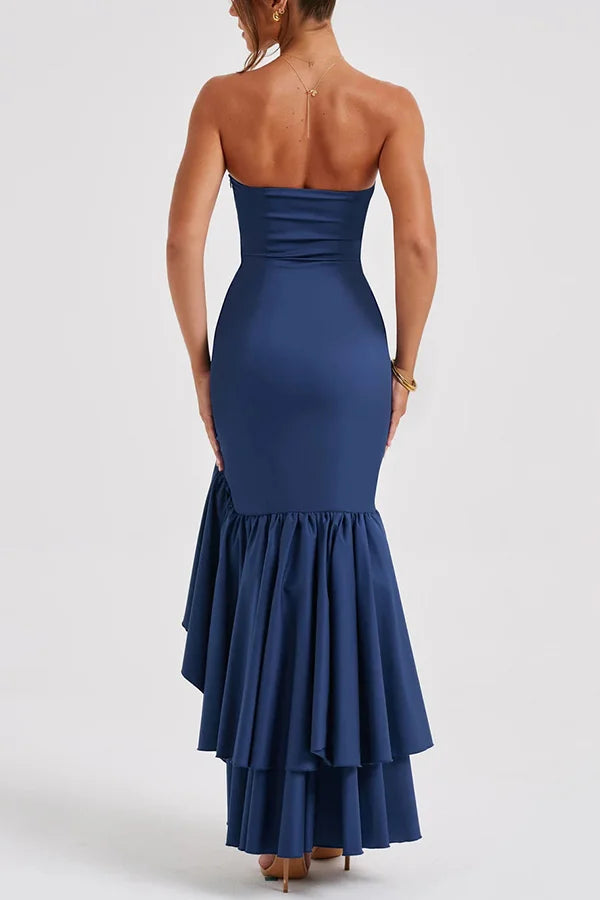 Women’s Strapless Ruffle Corset Maxi Dress with Asymmetrical Hem