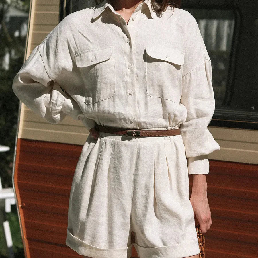 Women’s Linen Shirt Playsuit with Long Sleeves
