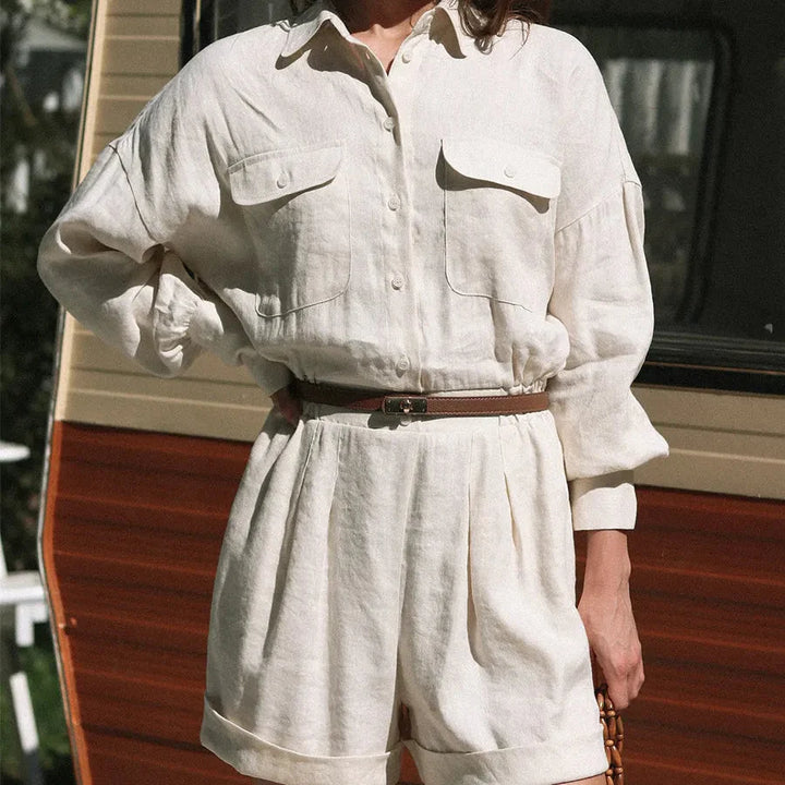 Women’s Linen Shirt Playsuit with Long Sleeves