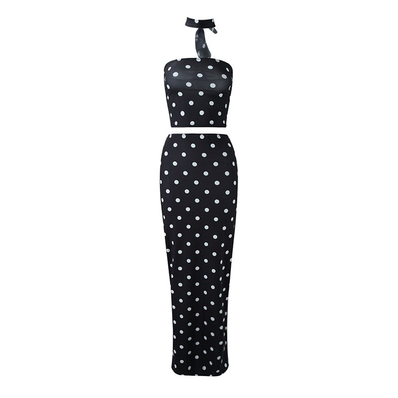 Women’s Polka Dot Strapless Crop Top Two Piece Set with Maxi Skirt
