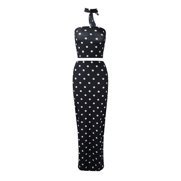 Women’s Polka Dot Strapless Crop Top Two Piece Set with Maxi Skirt