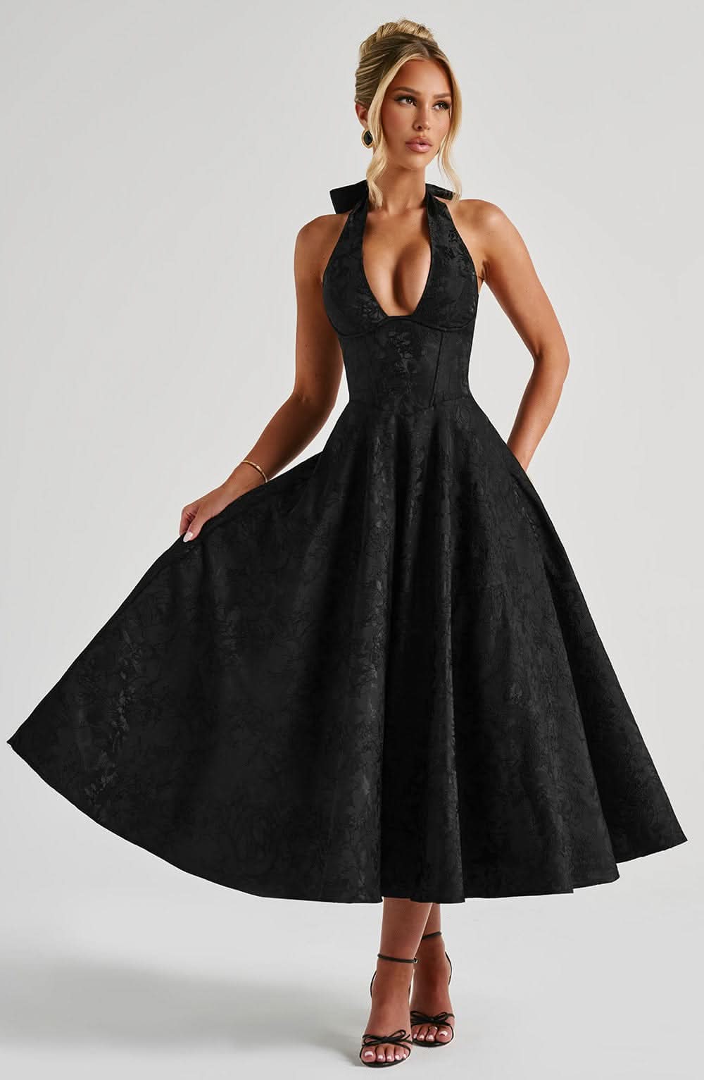 Women’s Floral Halter Midi Dress Wedding Guest Occasion Dress