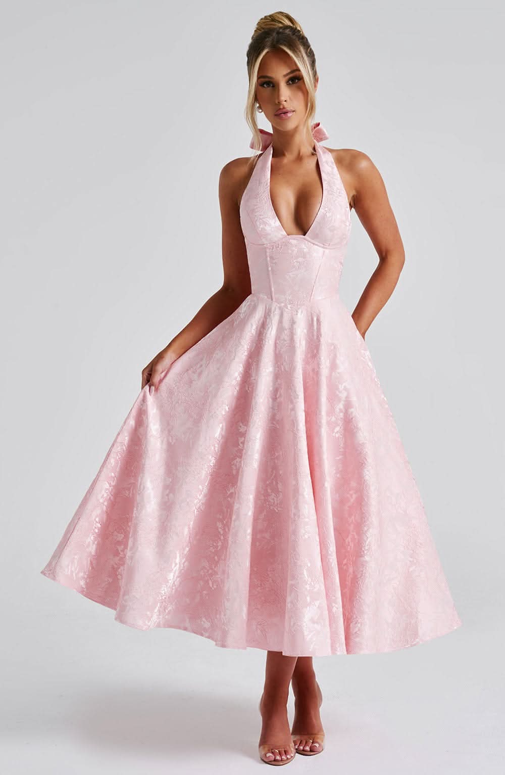 Women’s Floral Halter Midi Dress Wedding Guest Occasion Dress