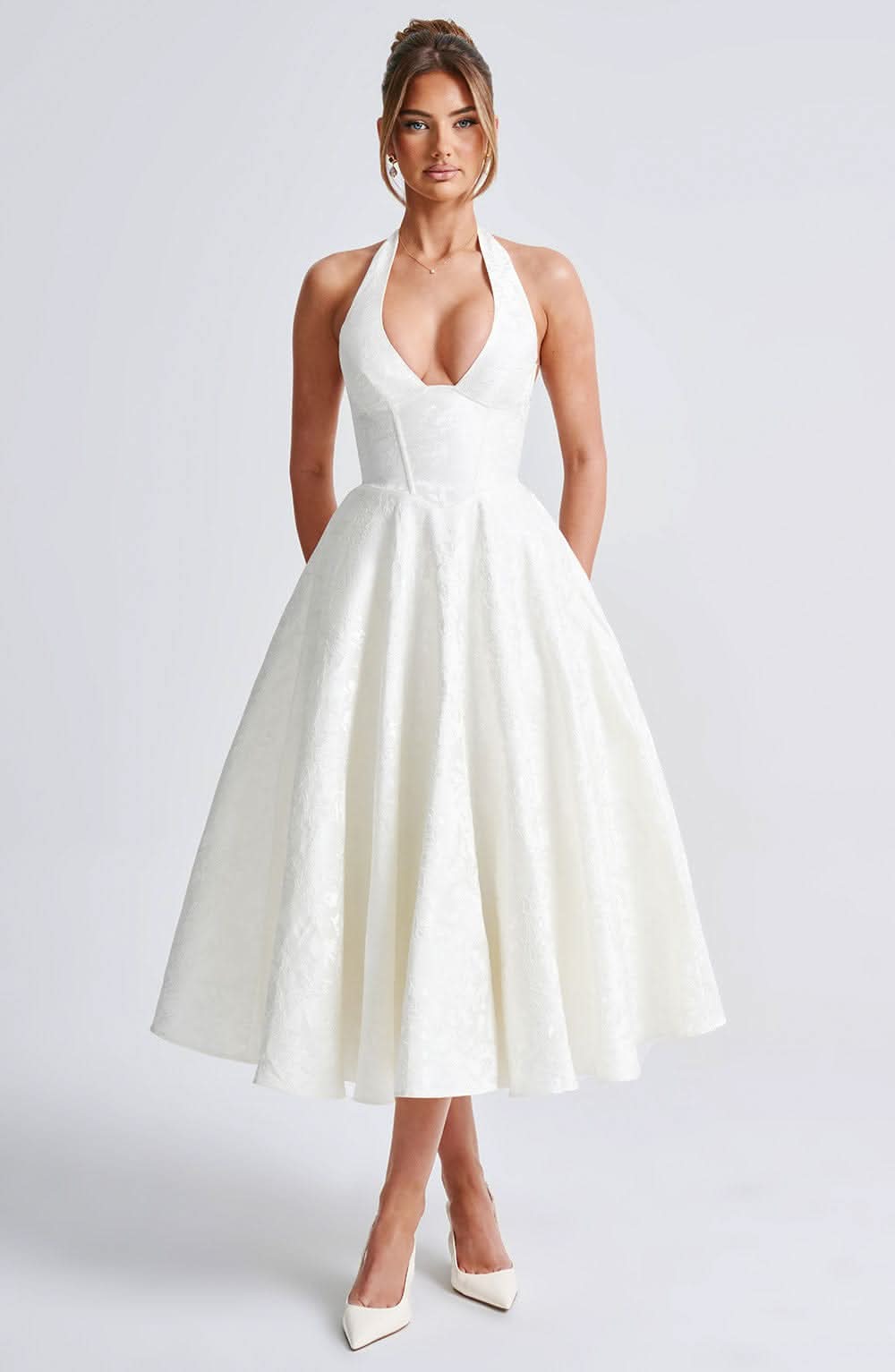 Women’s Floral Halter Midi Dress Wedding Guest Occasion Dress