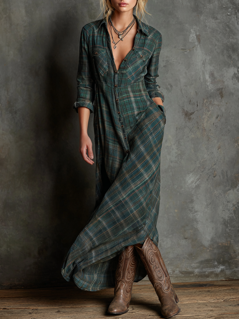 Women’s Plaid Lapel Single Breasted Shirt Maxi Dress