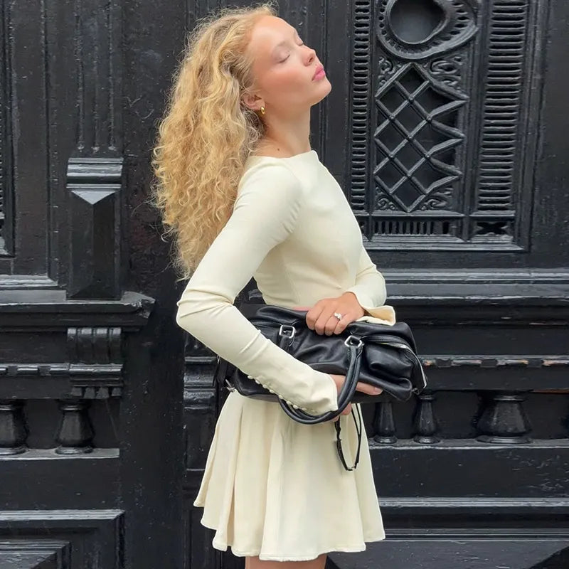 Women’s Long Sleeve Boat Neck Mini Dress with Flared Skirt and Cuff Buttons