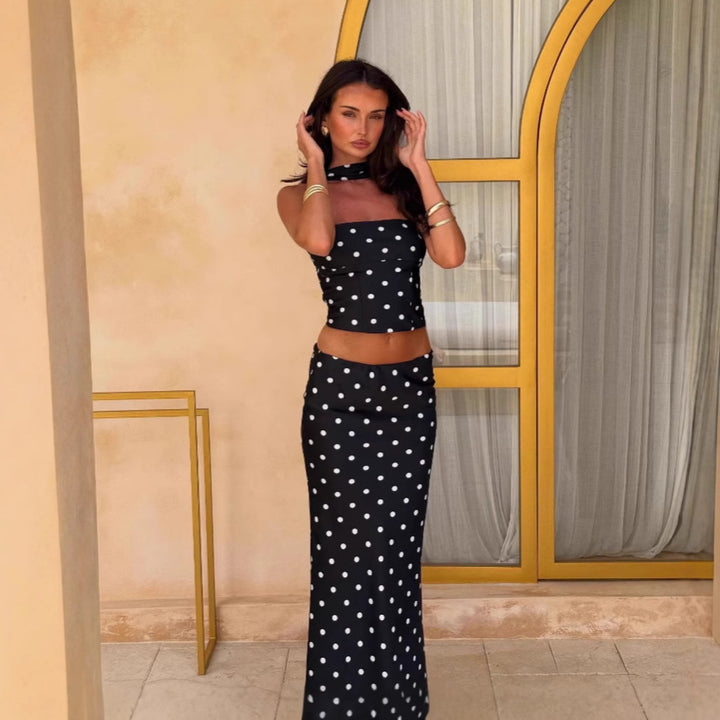 Women’s Polka Dot Strapless Crop Top Two Piece Set with Maxi Skirt