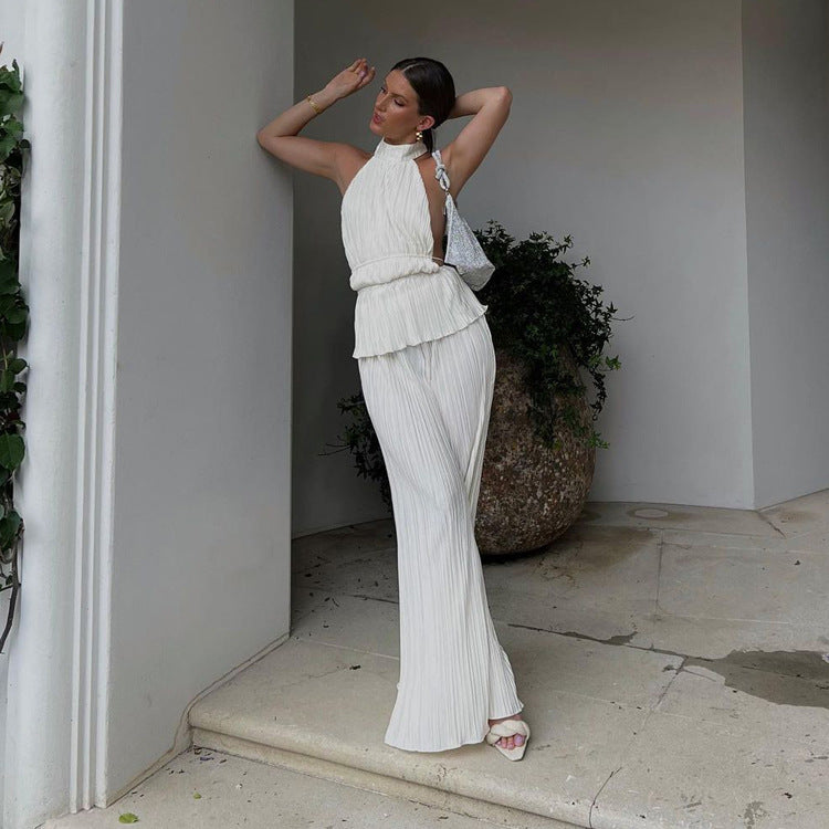 Women’s Pleated Backless Halter Tiered Top Two Piece Set with Wide Leg Summer Pants