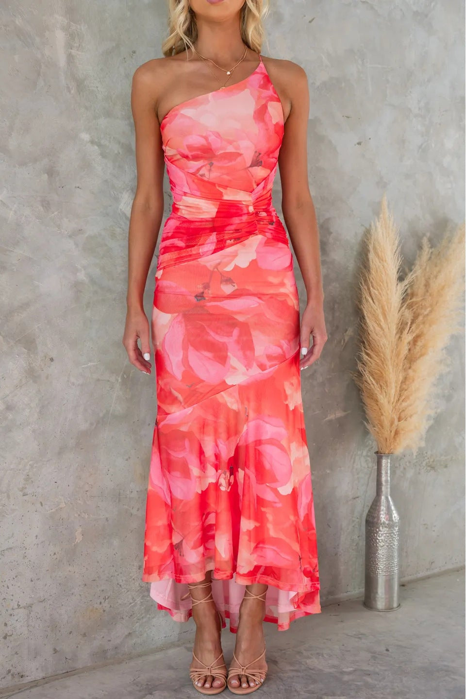 Women’s One-Shoulder Ruched Floral Midi Dress