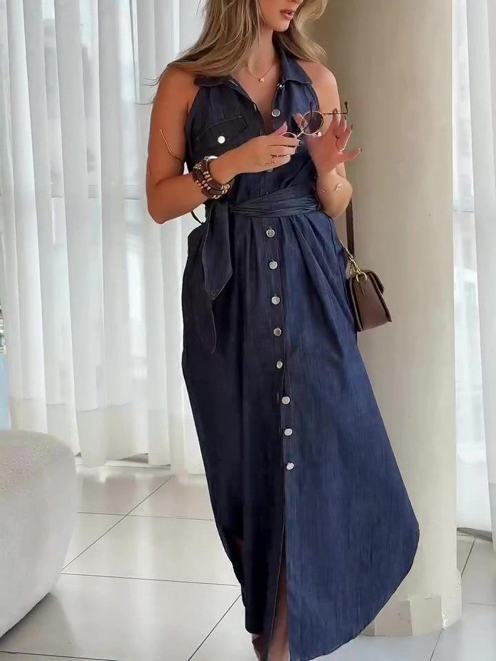 Women’s Sleeveless Button Front Shirt Maxi Dress with Tie Waist and Split Hem