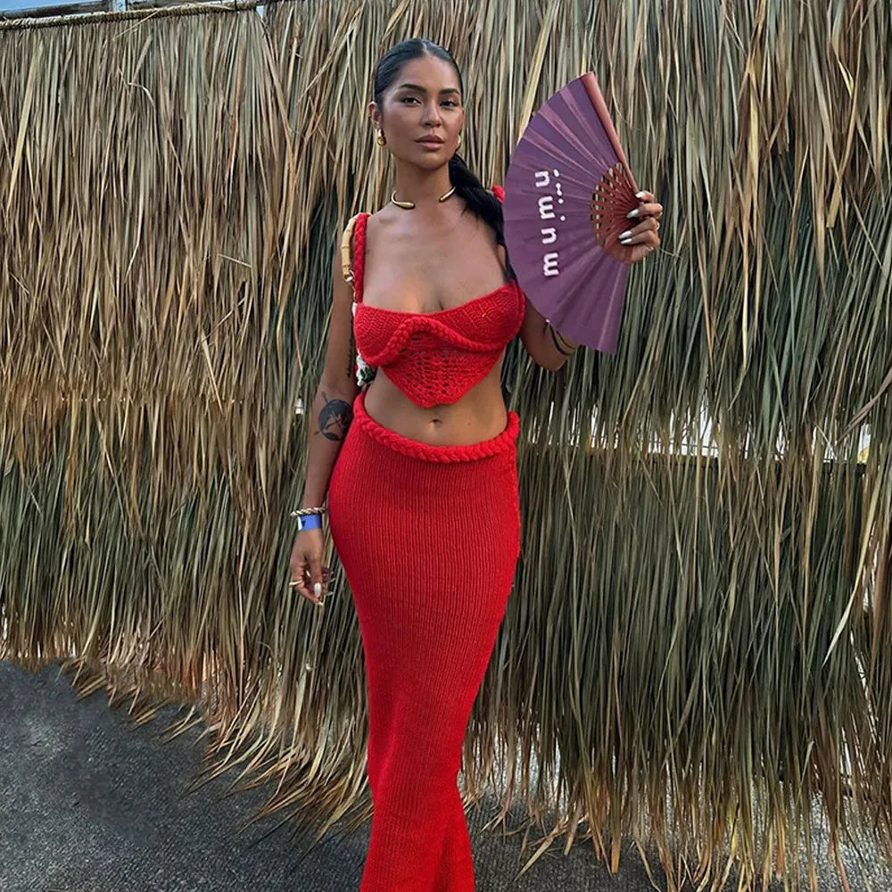 Women’s Crochet Two Piece Set with Braided Straps and Maxi Skirt
