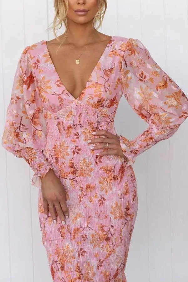 Women’s Floral Summer Midi Dress with Puff Sleeve